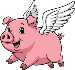 Pink flying pig with wings, cheerful cartoon animal illustration, fantasy pig artwork, cute whimsical character design, humorous concept, vector drawing, imaginative stock image
