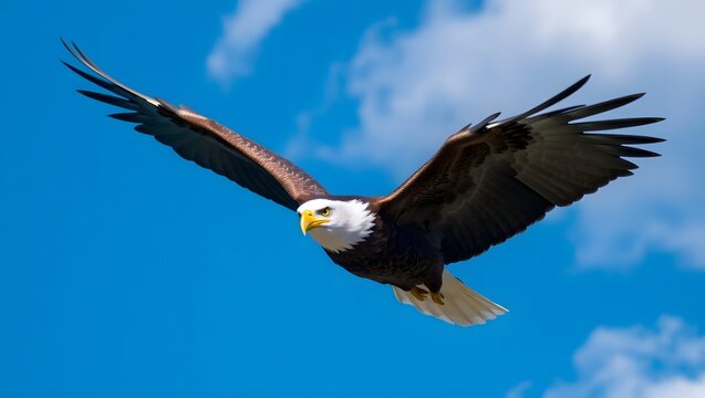 A close-up of a bald eagle mid-flight with wings spread wide
