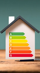 Diagnostic de performance énergétique (DPE) d'une maison avec un indicateur coloré présenté sur une table en bois