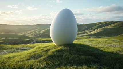 Large White Egg on Green Grassy Hill at Sunrise