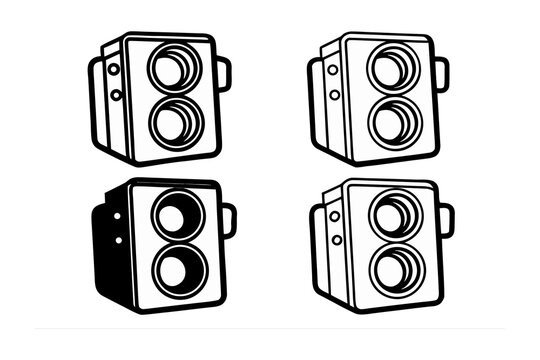 Four vintage twin lens reflex cameras illustrated in a simple black and white line drawing style