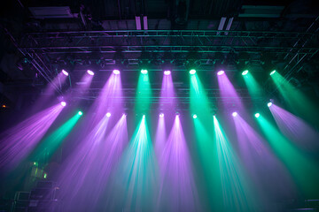 Vibrant stage lights create a dramatic atmosphere with purple and green beams