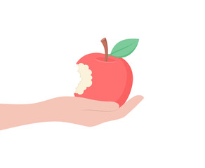 Hand holding a bitten red apple isolated on white background, side view. Flat vector illustration