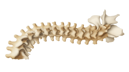 Curved human spine illustration showing vertebrae structure in lateral view, highlighting anatomical details. image is educational and informative
