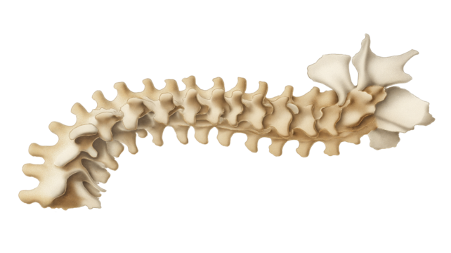 Curved human spine illustration showing vertebrae structure in lateral view, highlighting anatomical details. image is educational and informative
