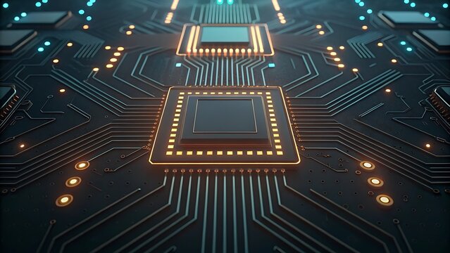 Electronic circuit board with glowing processors and intricate pathways technology computer