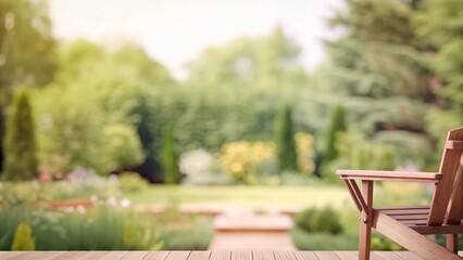 The garden in the back is blurred, the front is wood.