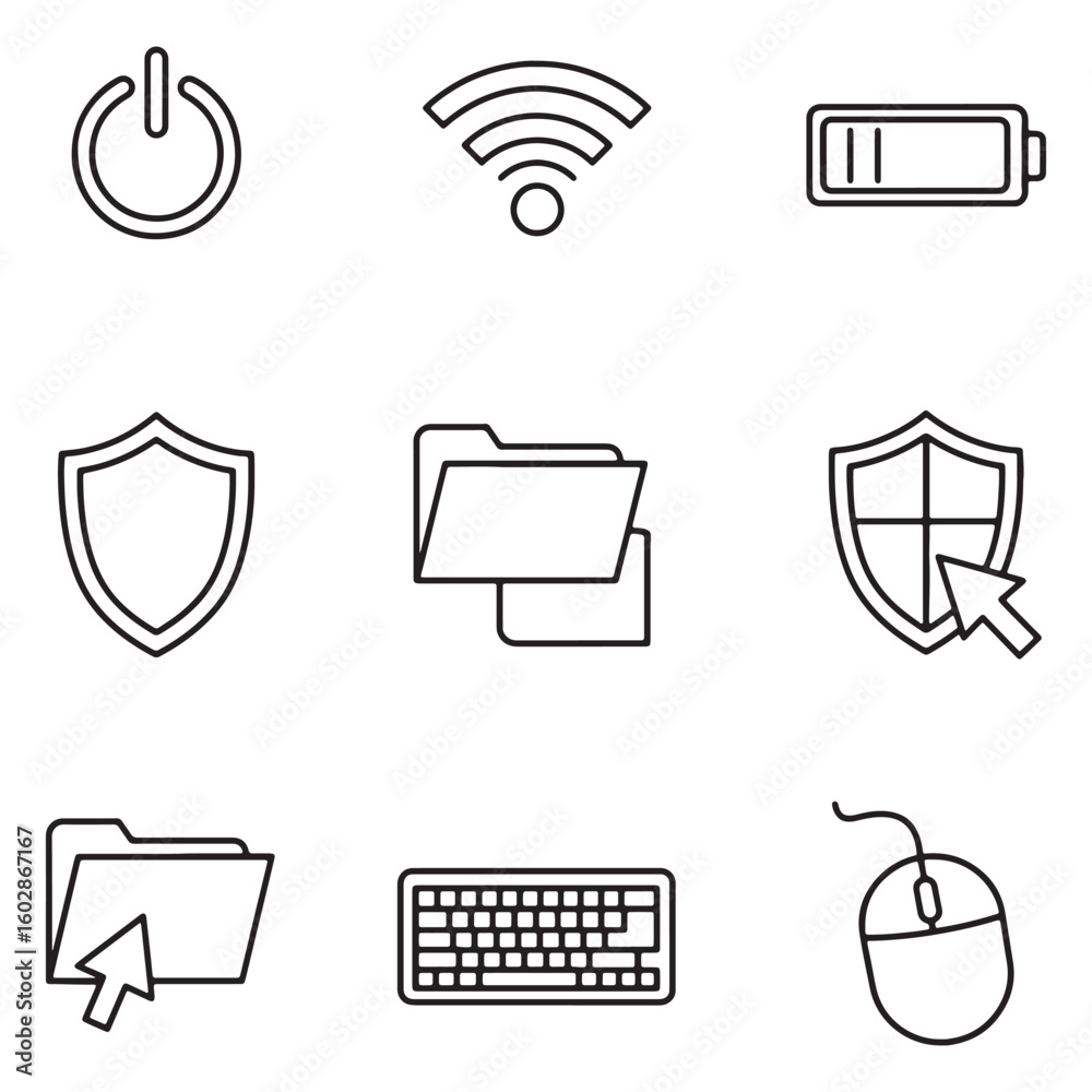 Fototapete Simple black and white outlined icons representing technology and computer concepts