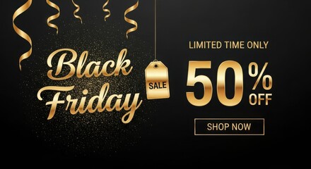 Black Friday sale 50 percent off golden text and ribbons discount offer