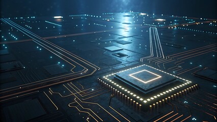Glowing circuit board with central processor and intricate pathways technology computer