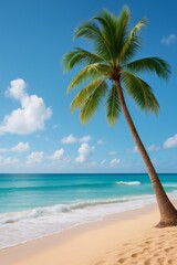 Tropical Beach Paradise: A vibrant scene of a tropical beach, where turquoise waves gently kiss the golden sand beneath a clear sky with fluffy clouds. A lone palm tree sways gently.