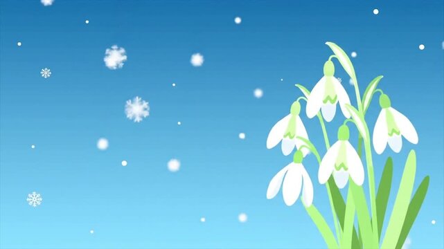 Minimalist snowdrop floral illustration. Soft blue gradient winter theme. Delicate white snowdrop flowers.