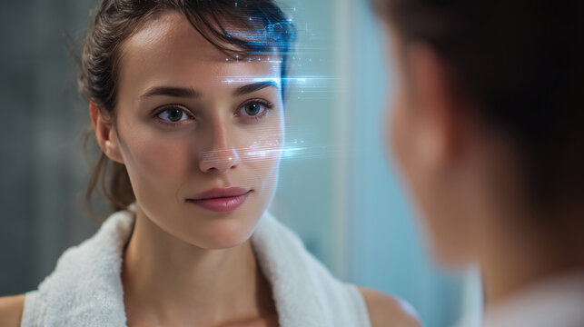 A woman stands in front of a mirror in a bathroom, focused on her skincare routine. She is assessing her skin and applying products to enhance her daily beauty regimen, surrounded by calming light.
