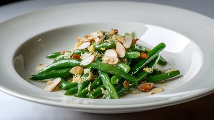 Modern Gastronomy: SautÚed Green Beans with Toasted Almonds and Fresh Lemon Zest in a Minimalist Setting