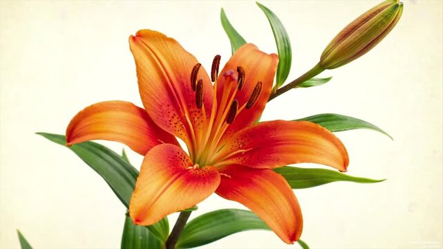 Botanical illustration of orange lily with green leaves. Realistic floral art with detailed petals. Elegant lily drawing with parallel veins.