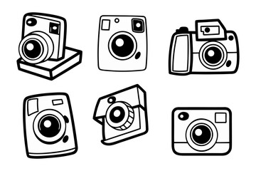 A collection of stylized hand drawn illustrations of various retro and modern digital cameras