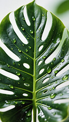 Monstera leaf close-up with light reflections, rich green tones, modern natural design. mobile wallpaper.