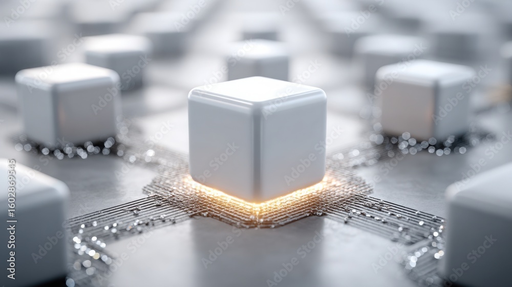 Poster single white cube surrounded by multiple white cubes illustrating ai integration matrix concept in d