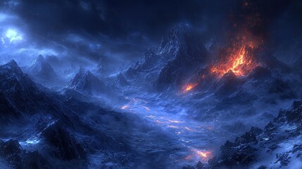 Fototapeta premium Snowy peaks meet glowing lava under a dark sky