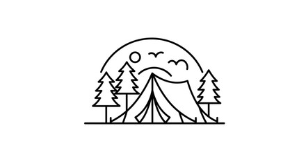 Obraz premium Minimalist Camping Scene: Tent, Trees, Sun, and Birds in Black Outline