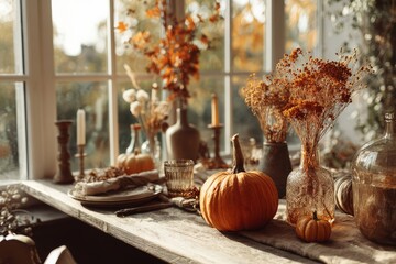 Sunlit Autumn Table with Rustic Harvest Decor