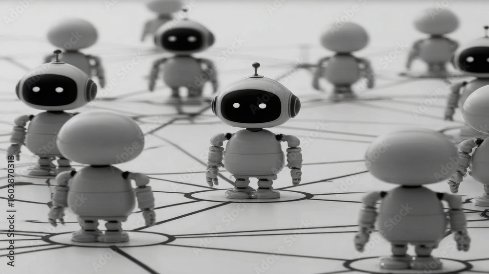 Poster robot standing in front of a diverse network of people representing interaction between technology a