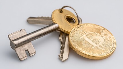 A coin and a key symbolizing the concept of bitcoin quantum key exchange and digital security measures