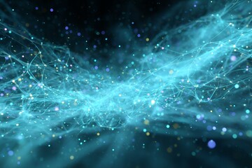 Abstract blue network with glowing particles and patterned design in dark space