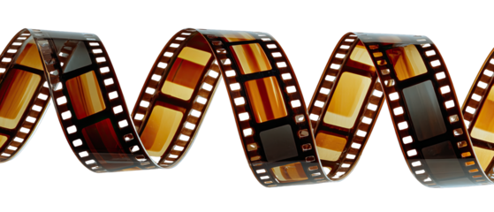 Cinematic Journey: A vibrant strip of film, its frames a testament to moments frozen in time, is elegantly coiled against a backdrop, hinting at the magic of storytelling and visual narratives.