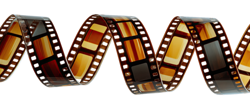 Cinematic Journey: A vibrant strip of film, its frames a testament to moments frozen in time, is elegantly coiled against a backdrop, hinting at the magic of storytelling and visual narratives.