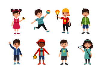 Cartoon children engaged in various playful activities, showcasing diverse attire and accessories.