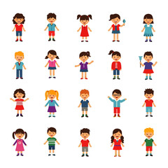 Collection of diverse cartoon children, various poses and outfits.