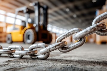 Close-up of industrial metal chain and blurred background of warehouse and forklift