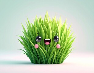 Cute Grass Ball Character with Happy Face – Kawaii Nature Mascot Illustration

