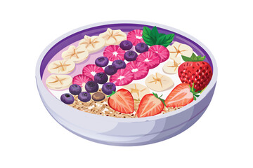 Photorealistic Smoothie Bowl Vector. Realistic Acai Bowl with Granola, Berries, and Toppings