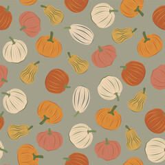 Seamless autumn harvest pattern with pumpkins and gourds on the olive grey background. Vector