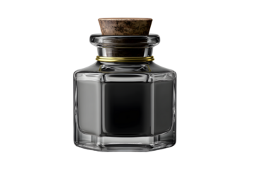 Glass ink bottle filled with black ink isolated on transparent background.