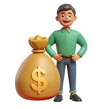 Happy man standing next to a large money bag isolated on transparent background