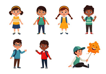 Diverse group of happy schoolchildren, boys and girls, standing and playing, showcasing different ethnicities and styles.