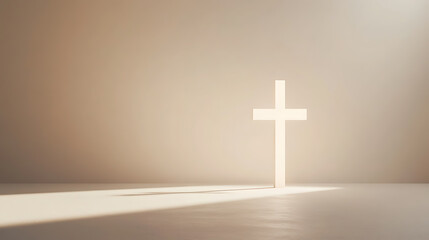 Naklejka premium A radiant Christian cross stands in a softly lit room, casting a serene shadow. Symbolizing faith, hope, and spiritual enlightenment.
