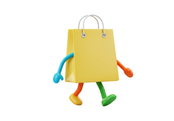 Isolated Cheerful Yellow Shopping Bag with Colorful Arms and Legs Walking