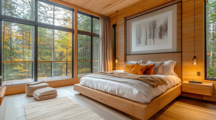 Modern Minimalist Bedroom with Large Windows and Autumn Forest View