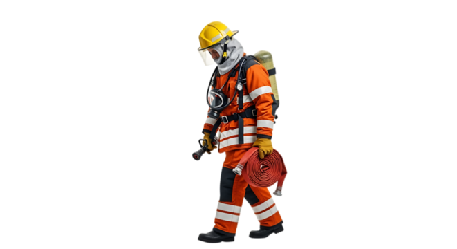 Firefighter in full protective gear standing isolated on transparent background