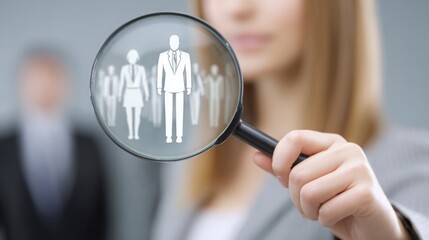 Fototapeta premium Woman examining a magnified person through a glass representing business role clarity and transparency in work life