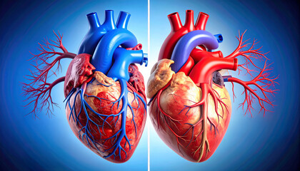 3D Medical Comparison of Human Heart: Left and Right Side Anatomy