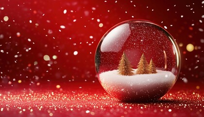 Christmas Glass Sphere With Snow And Golden Confetti Glitters Inside, Set On Red Base. Realistic Winter Snow Globe.