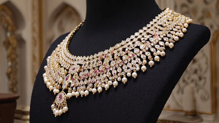 Fototapeta premium Gold necklace with pearls/gems