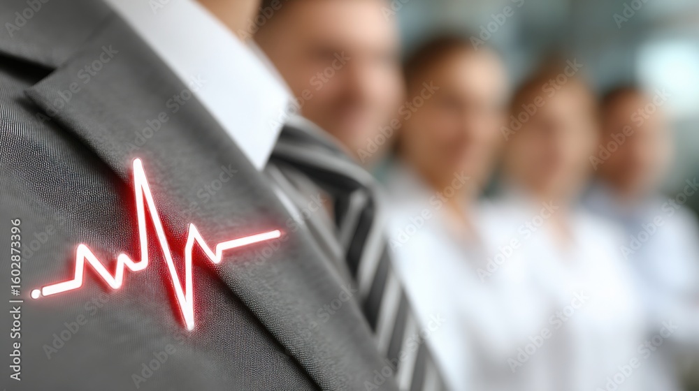 Poster man in a suit with a heartbeat sign representing business unity pulse and connection in professional