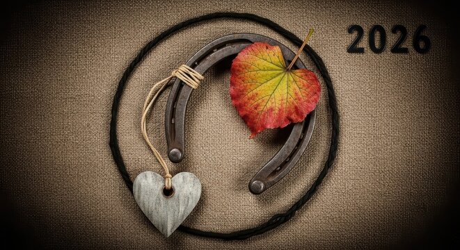 A weathered horseshoe adorned with a vibrant autumn leaf and a rustic heart charm positioned within a circular rope on a textured burlap background with the year 2026 displayed