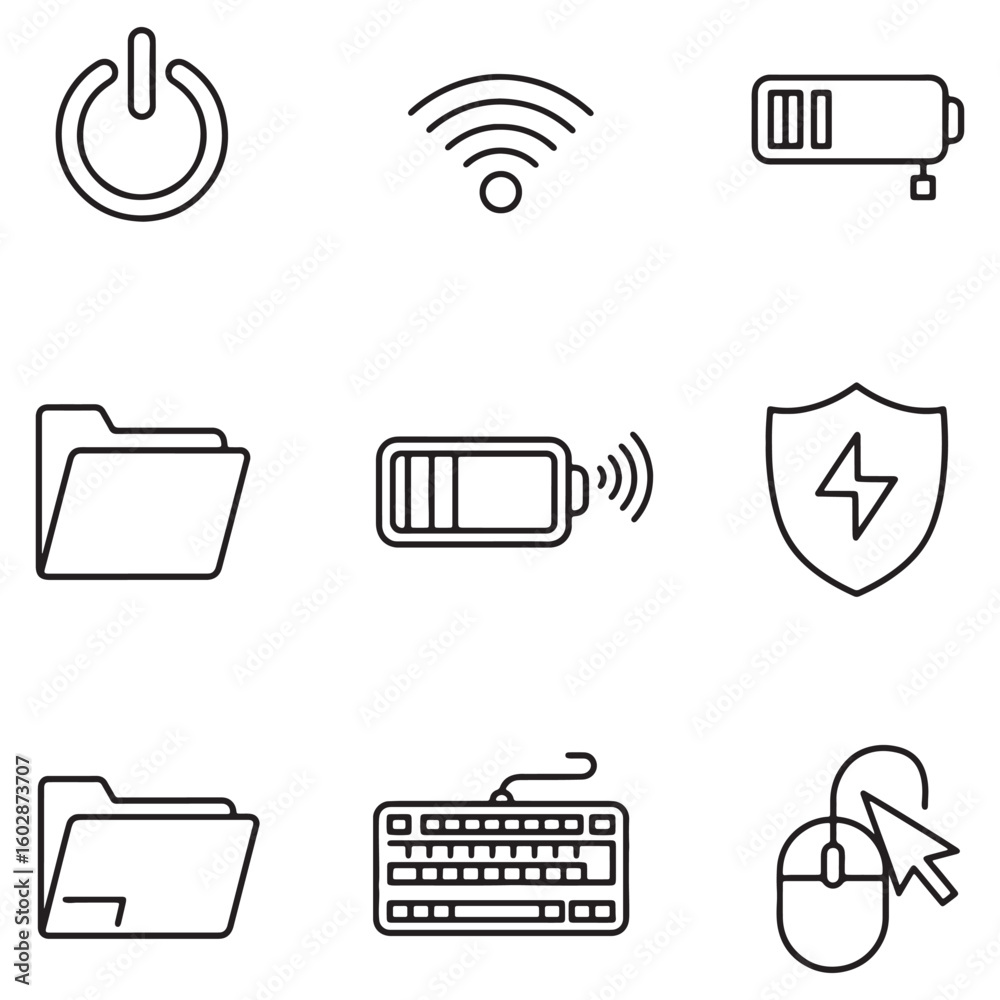 Aufkleber Simple outline icons representing technology functions and symbols on a white background